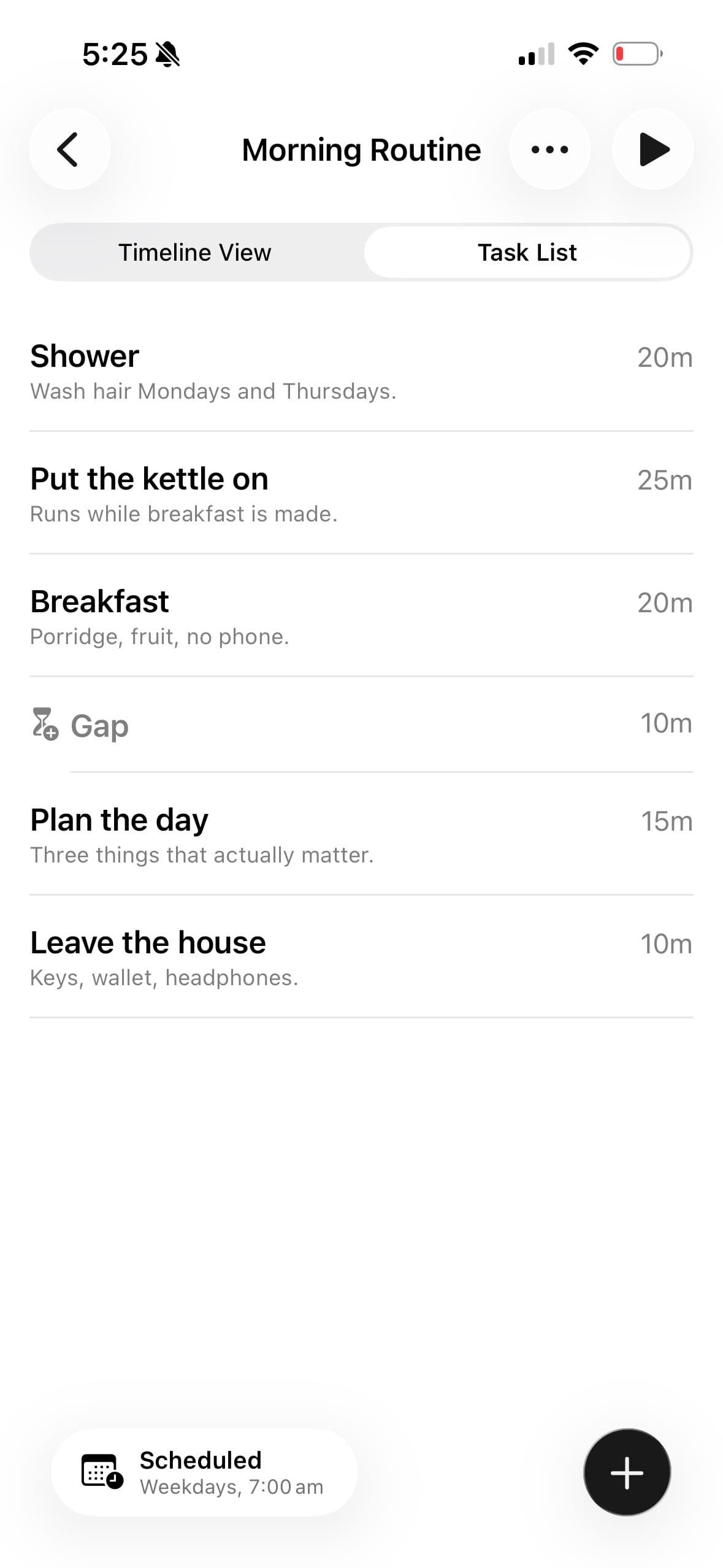 The task list for a plan called Morning Routine, with a duration beside each task