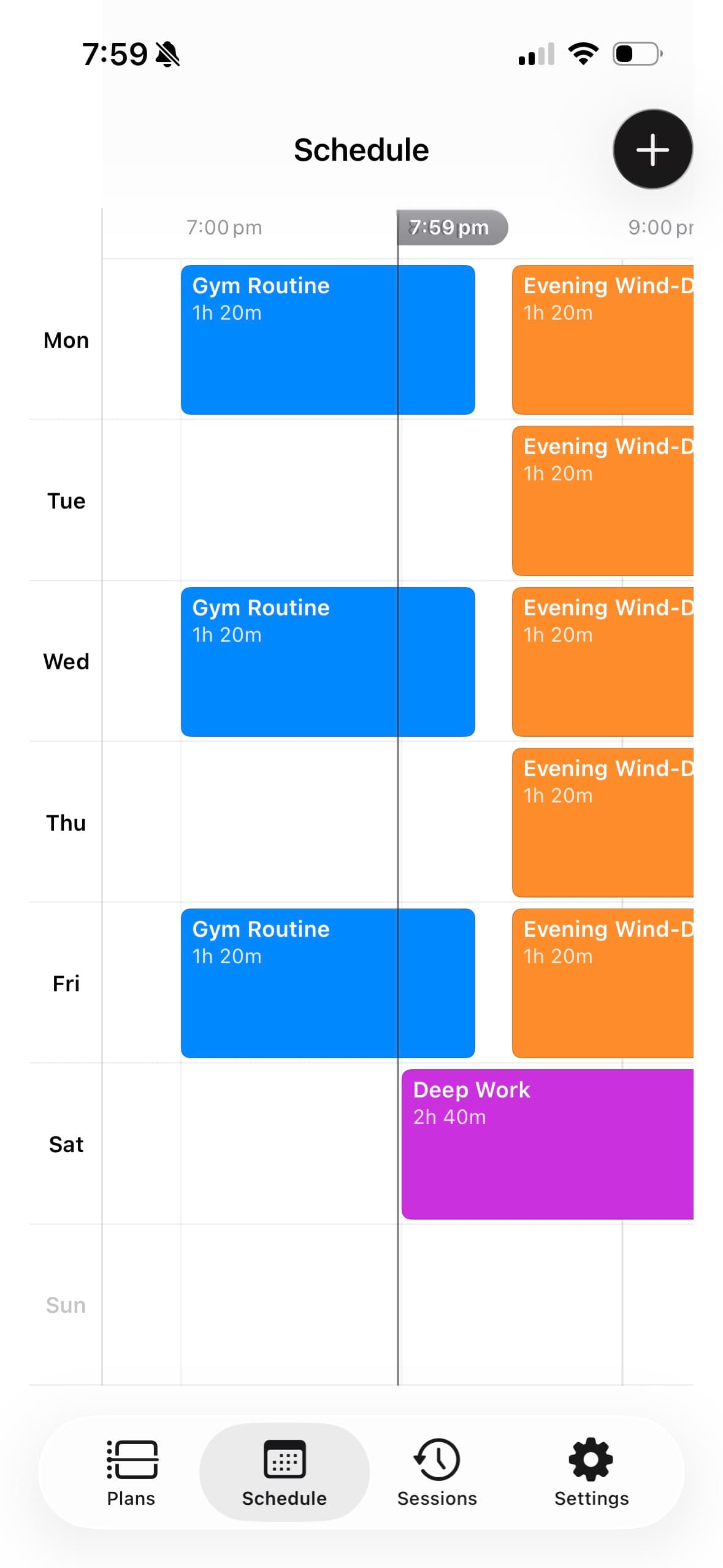 A week view with scheduled plans laid out from Monday to Sunday