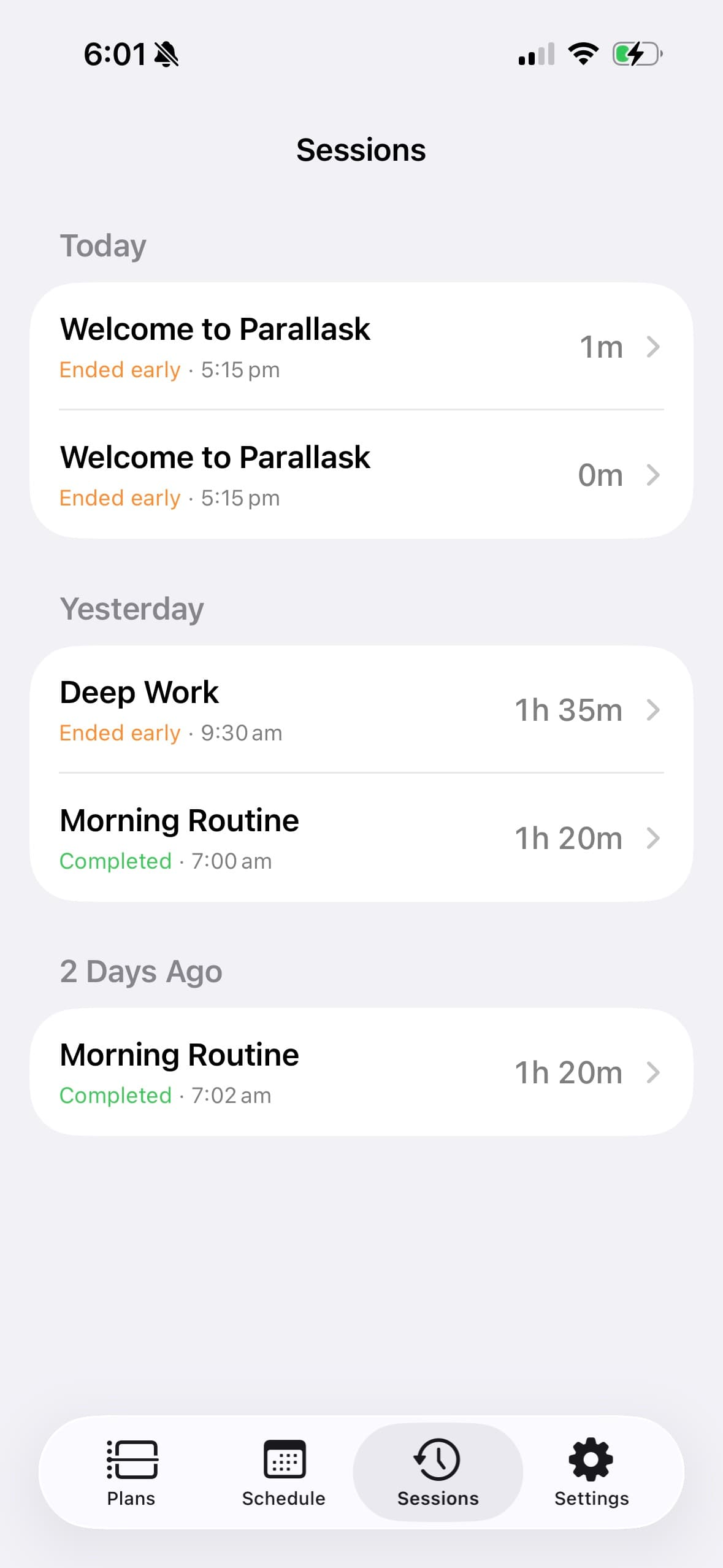 The sessions list, grouped by day, showing how long each run took and whether it completed